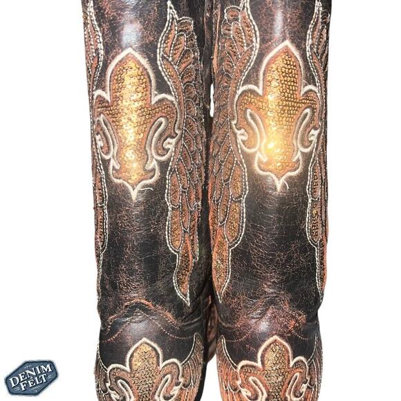 CORRAL WOMENS FLOR DE LIS WINGS BROWN LEATHER SEQUIN WESTERN COWBOY BOOTS - Picture 12 of 16